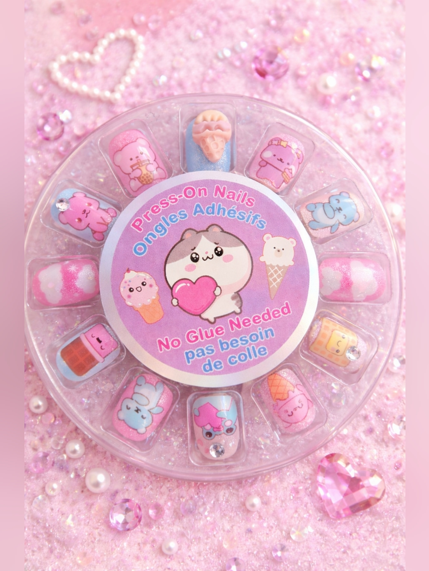 Kawaii Pink Press-On Nail Set With Ice Cream & Animal Designs